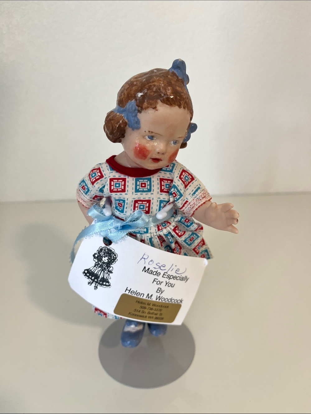 Roselie Doll with Blue Accents and Patterned Dress